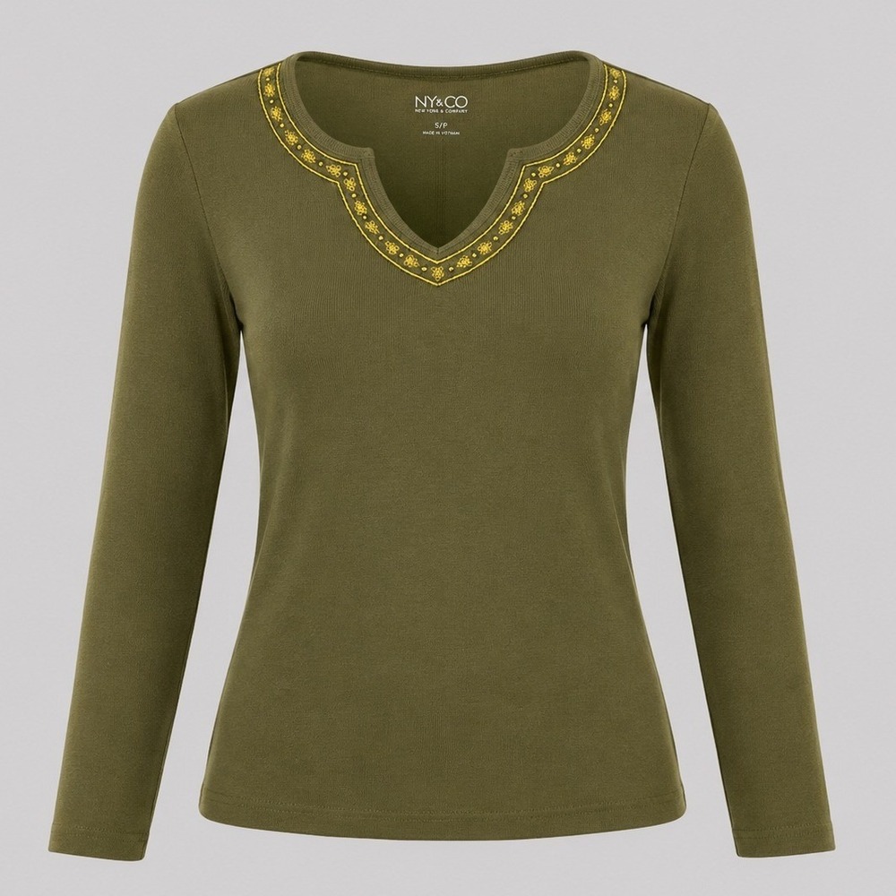 Y2K NY&Co Olive Green‎ Embroidered Stretch Top Womens Small Boho Retro
